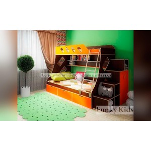 Кровать двухъярусная + лестница, оранжевый-венге
