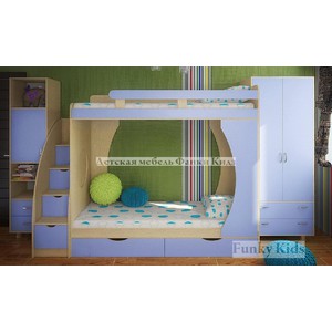 Кровать двухъярусная+лестница+шкаф, дуб кремона-голубой