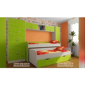 Двухъярусная низкая кровать Фанки Кидз-8 с выдвижным ящиком, сосна лоредо-зеленый текстиль