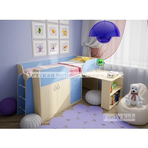 Кровать детская с выдвижным столом Фанки Кидз 10, дуб-голубой