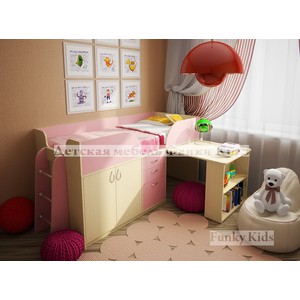Кровать детская с выдвижным столом Фанки Кидз 10, дуб-розовый