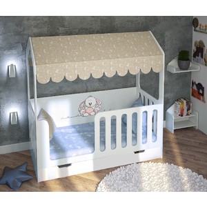 Детская кровать Домик Сказка с ящиком белая с фотопечатью